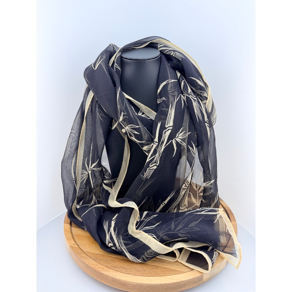 Vintage Sheer Black & Cream Bamboo Print Long Scarf Chiffon Zen Dark Academia